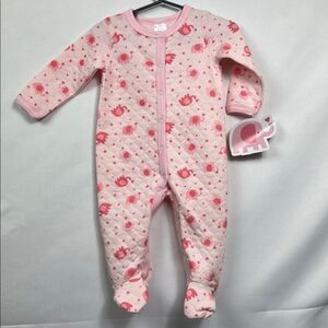 Little Beginnings Pink Elephant Print Baby quilted sleep and play footie NWT 6-9